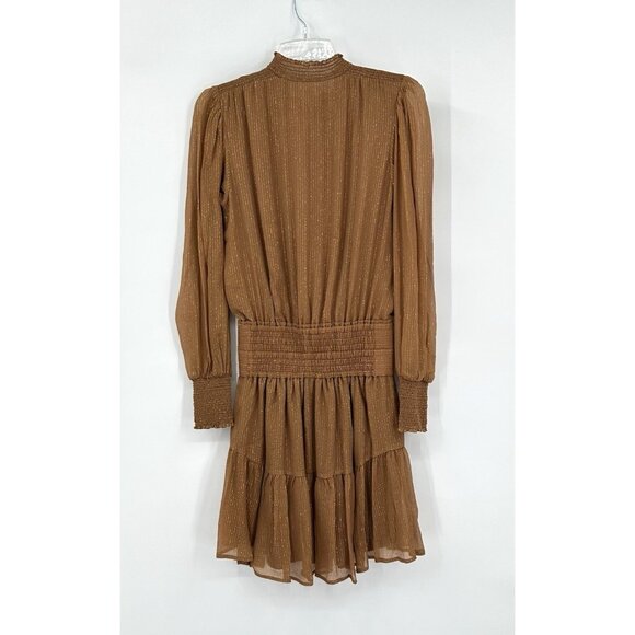 ALC SILVIE dress smocked long sleeve sheer metallic stripe silk butterscotch 2 - Picture 7 of 9